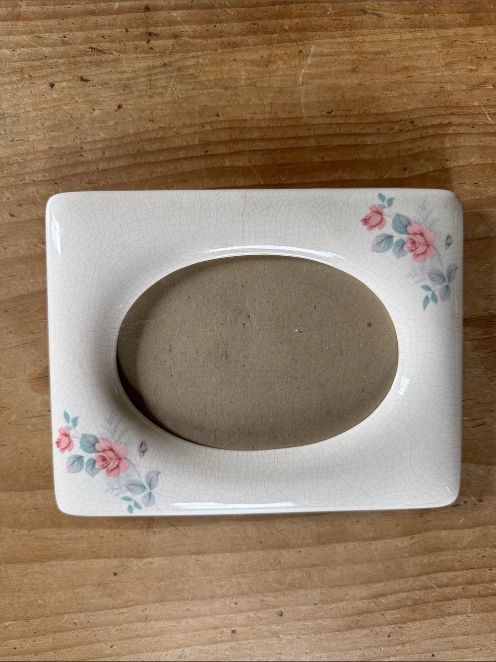 Vintage Floral Ceramic Oval Photo Frame - Pink Rose Accent